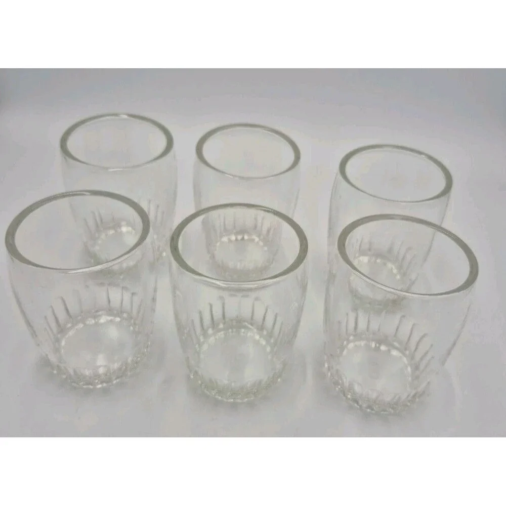 6 Vintage 8oz Bartlett Collins Glass Barrel Tumblers Ribbed Rocks Anchor Hocking
